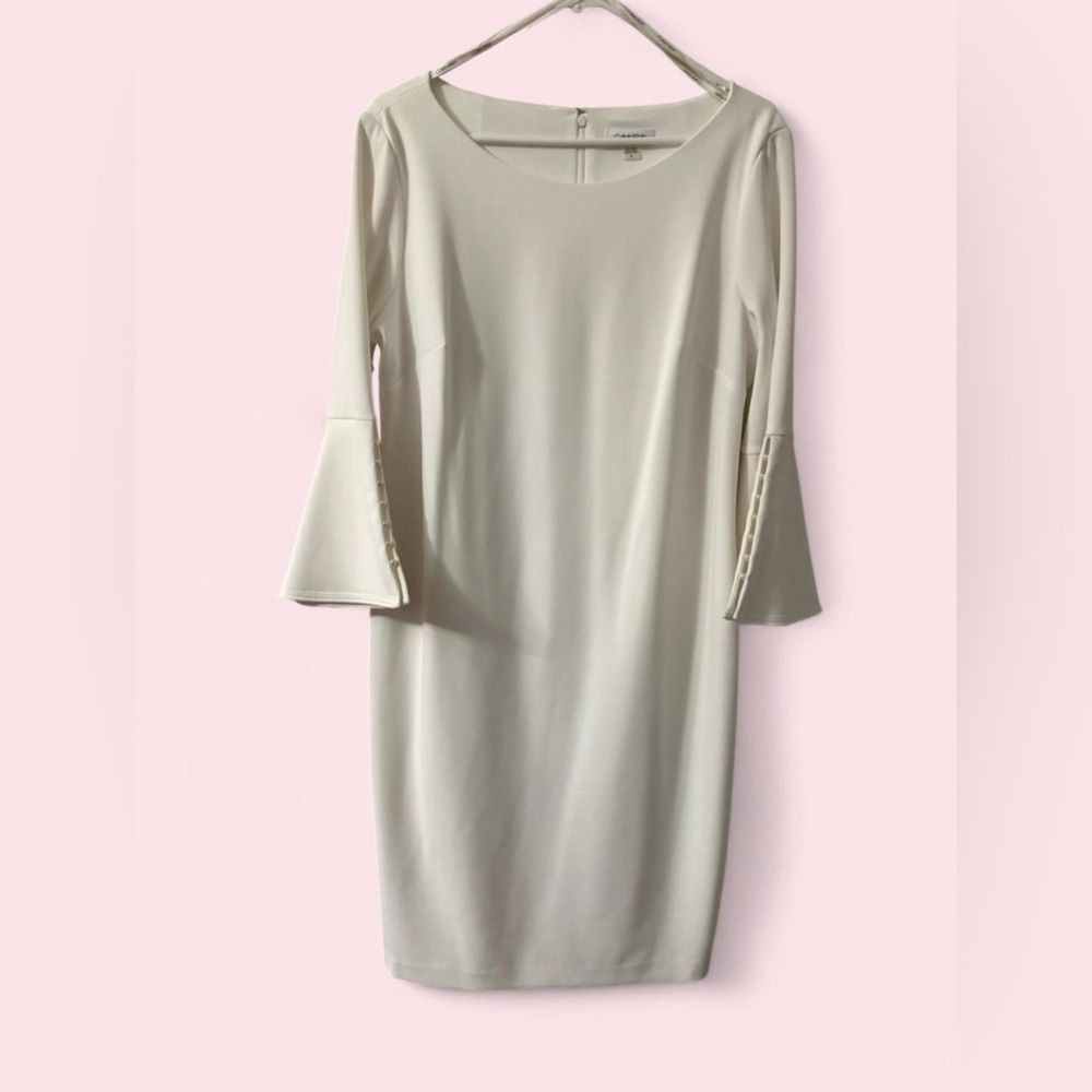 Women's White Midi Shift Dress with Flared Pearl Button Cuff Sleeves
